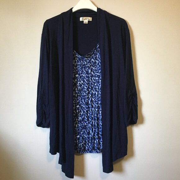 Dark Navy Blue Open Waterfall Cardigan With Pintuck Blue Animal Print Tank Top - Picture 1 of 16